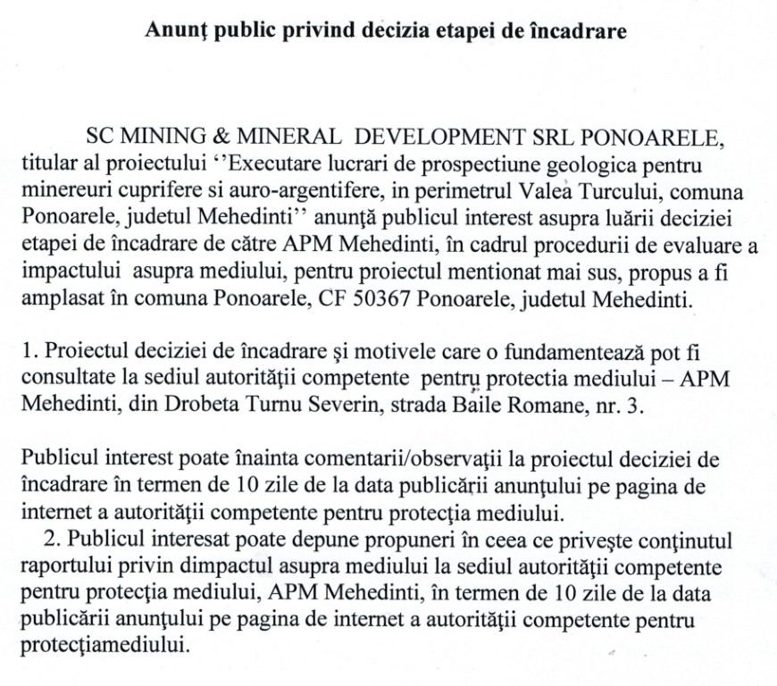ANUNȚ PUBLIC PRIVIND DECIZIA ETAPEI DE ÎNCADRARE