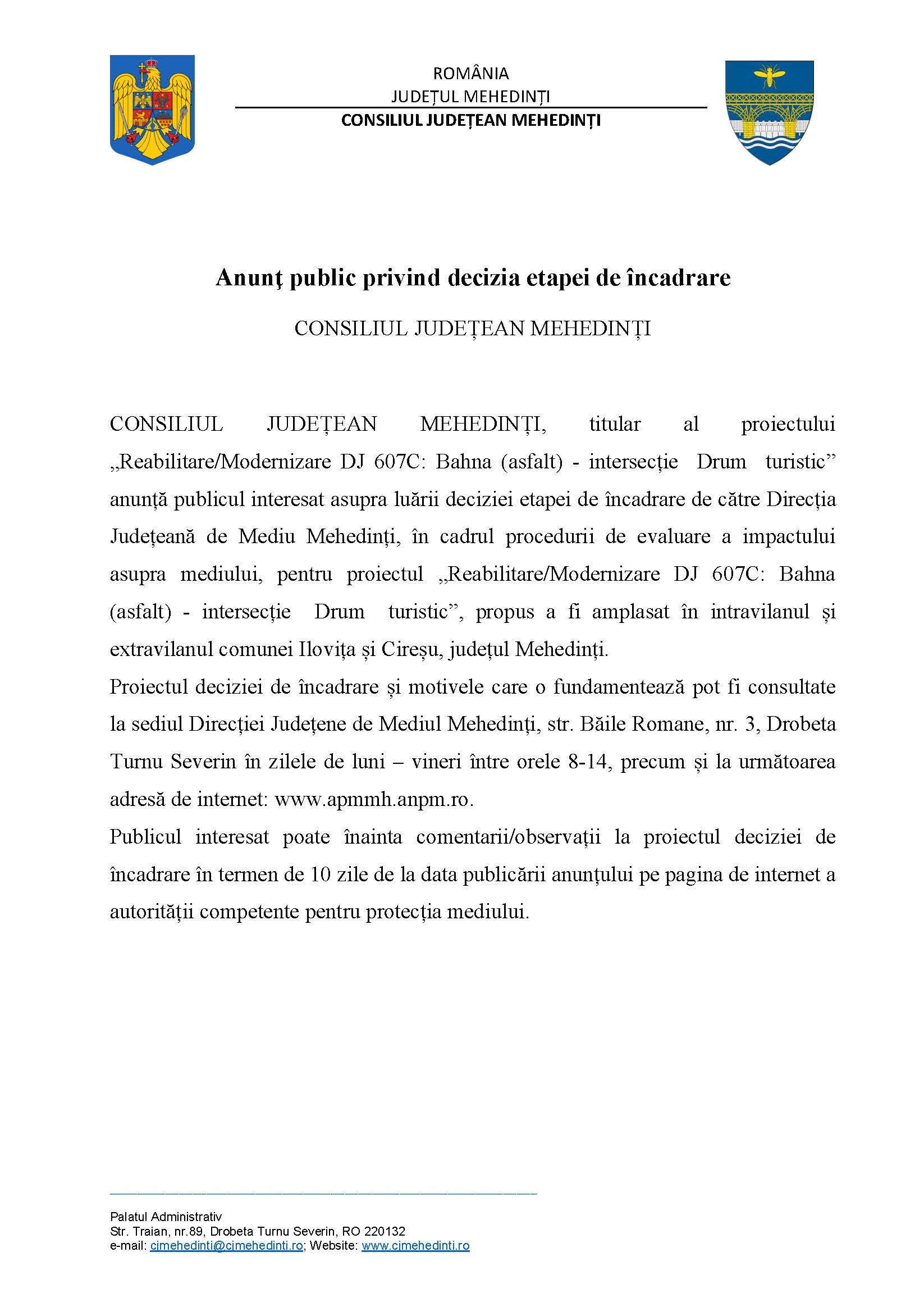 Anunţ public privind decizia etapei de încadrare