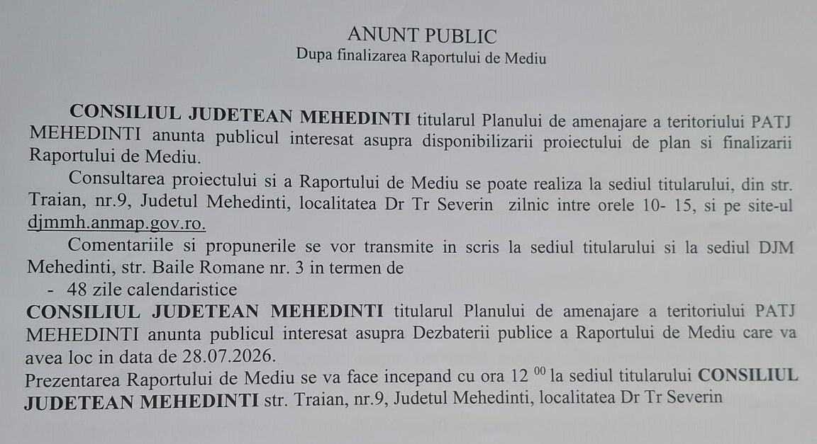 ANUNȚ PUBLIC După finalizarea Raportului de Mediu