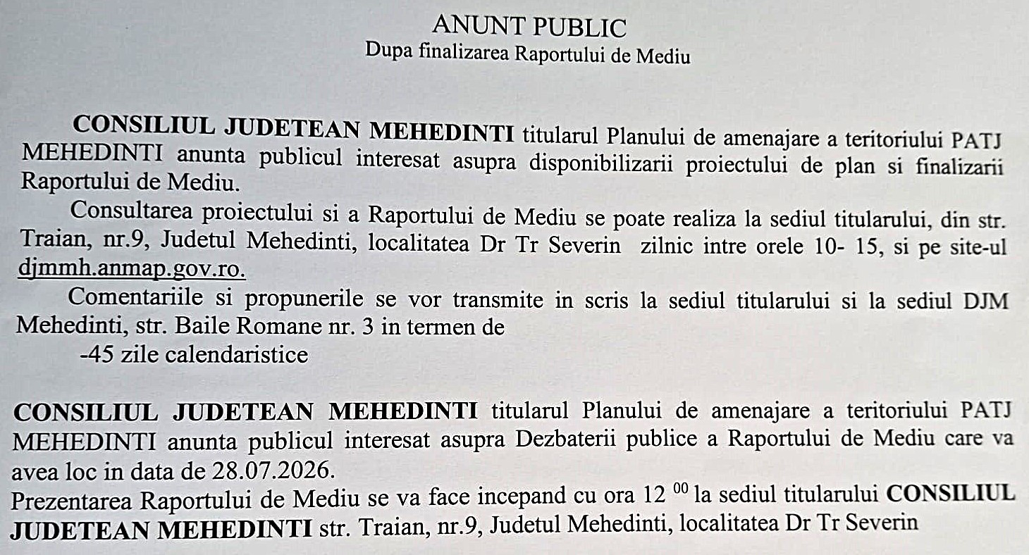 ANUNȚ PUBLIC După finalizarea Raportului de Mediu